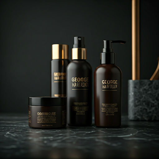 Premium Styling-Produkte auf dunkler Marmoroberfläche